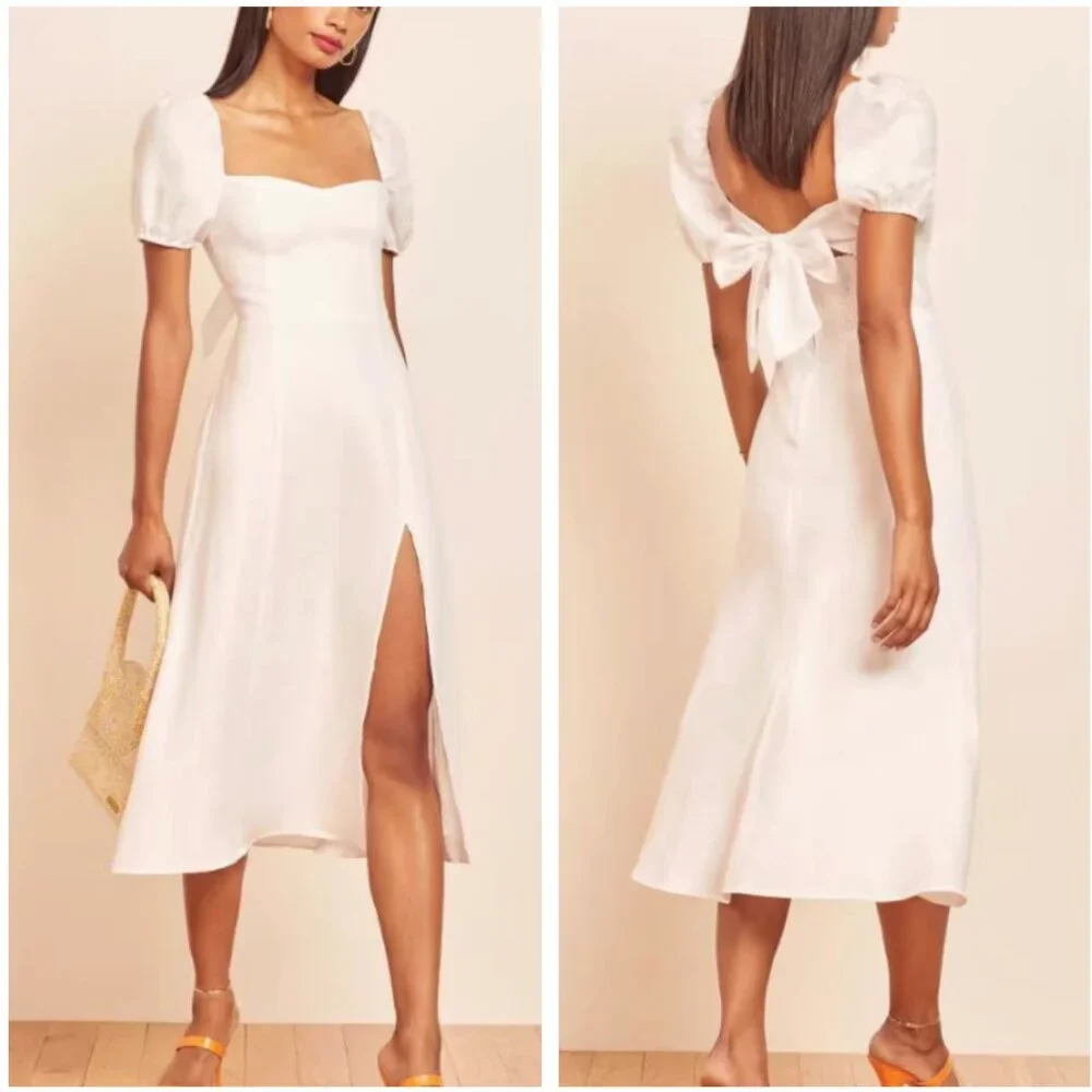 NWT Reformation Denver Linen Midi Dress Sz2/6 White Linen Bow Back